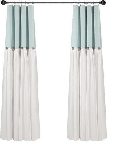 Lush Decor Linen Button Window Curtain Panel, Single, 40" W x 84" L, Blue & White - Country Curtains - Rustic Decor - Color Block Modern Farmhouse Curtains For Living Room, Bedroom & Dining Room