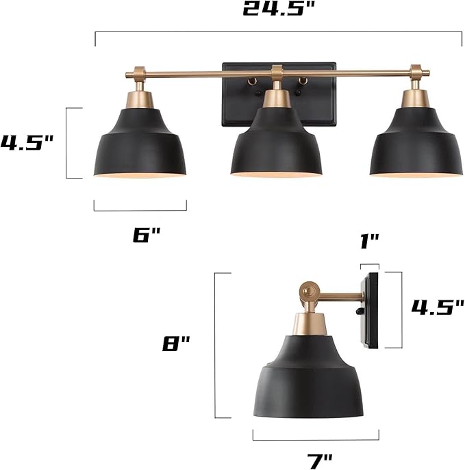 LALUZ Black Bathroom Vanity Light Fixtures, 3-Light Brass Modern Farmhouse Gold Vanity Wall Lamp Over Mirror with Metal Globe for Hallway, Bedroom, Kitchen, and Living Room