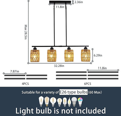 Rattan Kitchen Island Lighting,Boho Coastal Chandelier,4-Light Rustic Pendant Light for Dining Room,Height Adjustable,Black Farmhouse Woven Hanging Lights Fixture Over Table.