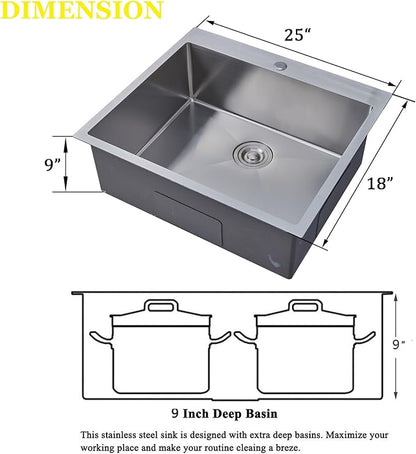 SHACO 25x18 Inch Drop In Kitchen Sink, 25 Inch Top Mount Stainless Steel Bar RV Laundry Utility Outdoor Sink, Brushed Nickel 16 Gauge Deep Small Kitchen Single Bowl