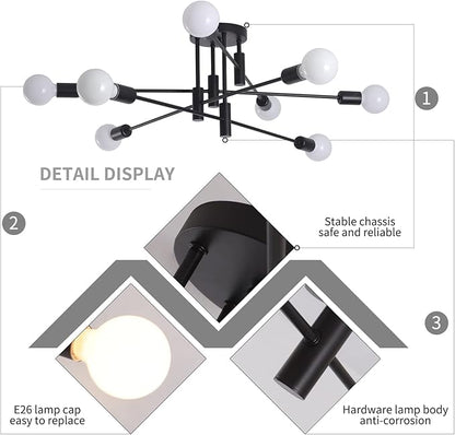 Garwarm Black Ceiling Light Fixture, 8-Lights Semi Flush Mount Ceiling Light, Sputnik Chandelier Industrial Ceiling Lamp for Kitchen Dining Room Bedroom Foyer Entryway Hallway Lighting Fixture