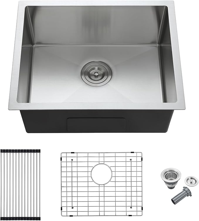 MENATT 22x18 Inch Undermount Kitchen Sink, T-304 Stainless Steel Single Bowl with 3mm Thickened Flange & Roll-up Drying Rack, 9" Deep for Indoor/Outdoor Bar, Laundry Room
