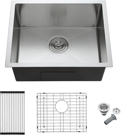MENATT 22x18 Inch Undermount Kitchen Sink, T-304 Stainless Steel Single Bowl with 3mm Thickened Flange & Roll-up Drying Rack, 9" Deep for Indoor/Outdoor Bar, Laundry Room