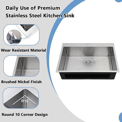 VAPSINT 22x18 Inch Drop In Kitchen Sink, 22 Inch 16 Gauge T304 Stainless Steel Topmount Small Kitchen Bar Sink, Handmade Single Bowl Outdoor RV Laundry Utility Prep Sink with Basket Strainer