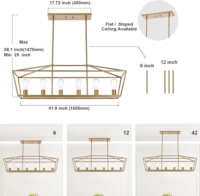 BONLICHT Farmhouse Chandeliers Gold 6 Light Modern Linear Dining Room Pendant Lighting Traditional Rectangular Kitchen Island Lantern Light Fixture Classic Ceiling Light with Adjustable Rods