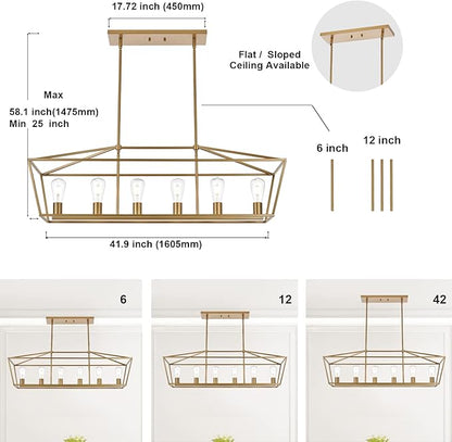 BONLICHT Farmhouse Chandeliers Gold 6 Light Modern Linear Dining Room Pendant Lighting Traditional Rectangular Kitchen Island Lantern Light Fixture Classic Ceiling Light with Adjustable Rods