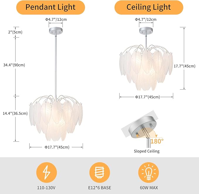 LumFurn 6-Light Glass Chandeliers, Modern 3-Tier Pendant Light Fixture for Dining Room, Living Room, D17.7 x H19~51 Inch Adjustable Height, Frosted Feather-Shaped Glass Shade & Chrome Finish Frame