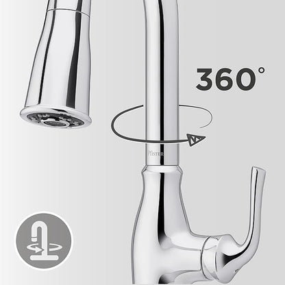 Pfister Rosslyn Kitchen Faucet with Pull Down Sprayer and Soap Dispenser, Single Handle, High Arc, NSF Certified, Polished Chrome Finish, F5297RSSRC