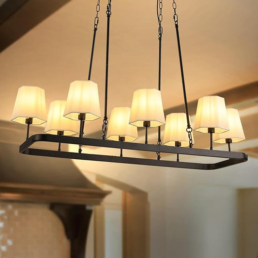 8-Light Large Black Chandeliers,Dining Room Light Fixture Over Table with White Fabric Shades,Farmhouse Chandeliers for Dining Room Kitchen Island Living Room