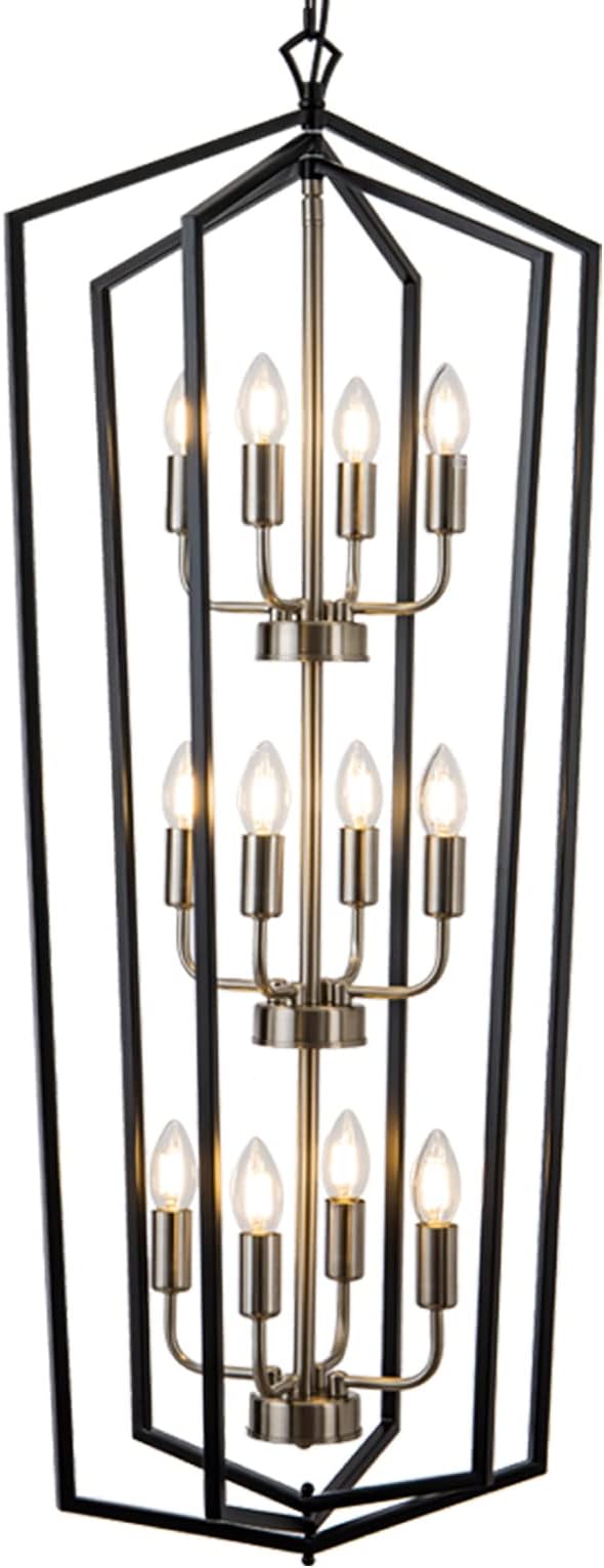 Lanhall 12-Light Lantern Tired Foyer Entryway Hanging Lights Farmhouse High Ceiling Pendant Lights Industrial Chandelier for Hall Foyer Entryway Living Room-Brushed Nickel
