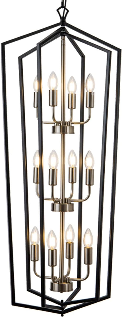 Lanhall 12-Light Lantern Tired Foyer Entryway Hanging Lights Farmhouse High Ceiling Pendant Lights Industrial Chandelier for Hall Foyer Entryway Living Room-Brushed Nickel