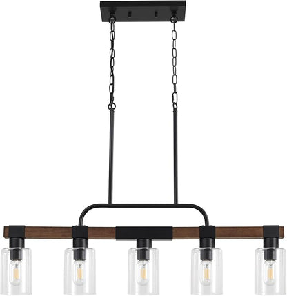 Farmhouse Dining Room Light Fixtures Over Table，Rustic Ceiling Pendant Lights Kitchen Island，5-Light Wood Kitchen Island Lighting Linear Chandelier with Clear Glass lampshade