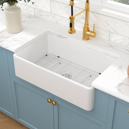 Sarlai 33 White Farmhouse Sink - 33x20 Inch Kitchen Sink Apron Front Ceramic Porcelain Vitreous Fireclay Single Bowl Farmer Sinks Basin