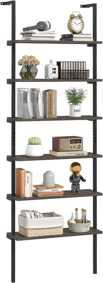 Giantex 6-Tier Ladder Shelf, 72" Wall Mounted Bookshelf with Metal Frame, Industrial Open Storage Shelves, Wooden Bookcase Display Rack for Living Room, Home Office, Bedroom,Gray