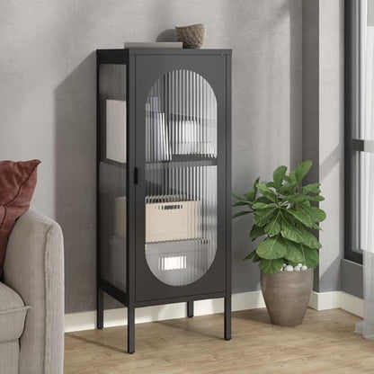 Black Powder-Coated Steel Sideboard, Fluted Glass Door, 40.2 in Tall Buffet Cabinet with Storage, Modern Living Room Furniture Kitchen Furniture