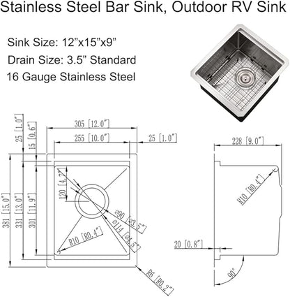 12 Inch Undermount Bar Sink Workstation, BoomHoze 12 x 15 Stainless Steel Wet Bar Kitchen Prep Single Bowl 16 Gauge Small Kitchen Sink with Cutting Board and Assembly