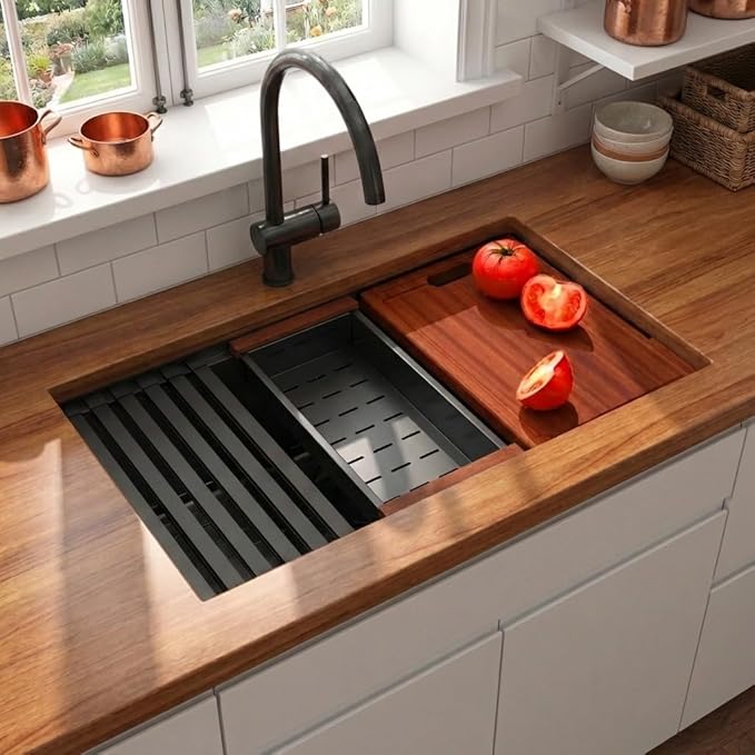 LQS Undermount Kitchen Sink 32 x 18, Large Black Undermount Kitchen Sink, Deep Single Bowl Sinks, Top-Grade 16 Gauage Stainless Steel Nano PVD Material with Round Corner and X-Shape Drain Line