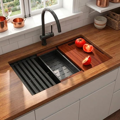 LQS Undermount Kitchen Sink 32 x 18, Large Black Undermount Kitchen Sink, Deep Single Bowl Sinks, Top-Grade 16 Gauage Stainless Steel Nano PVD Material with Round Corner and X-Shape Drain Line