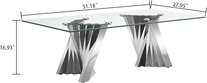 Henf Silver Glass Coffee Table with Mirrored Stainless Steel Base, 51"" Rectangle Modern Living Room Table Cocktail Table Luxury Tea Table Coffee Table for Home Office Living Room
