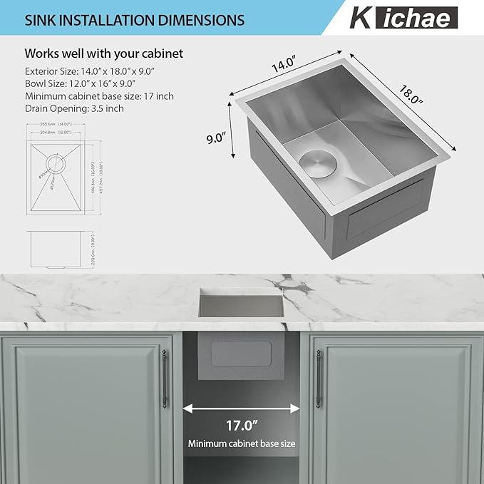 Kichae 14 Inch Small Kitchen Sink Undermount 14 x 18 Bar Prep Sink Undermount 18 Gauge Stainless Steel Deep Single Bowl RV Basin Handmade Round Corner