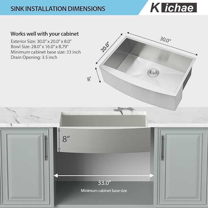 Kichae 30 Inch Farmhouse Kitchen Sink - 30 x 20 Farmer Sink Stainless Steel 16 Gauge Single Bowl Apron Front Farm Style Basin Round Corner