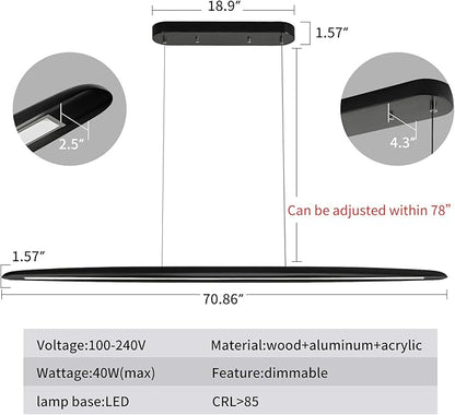 YISDESIGN 71" Wood Linear Pendant Light Black Linear Pendant Dinning Room Hanging Lights LED Dimmable Chandeliers 50w for Dining Room Pool Table Lights Kitchen Island Light Black