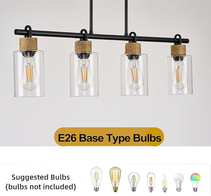 Black Pendant Lights Kitchen Island, Farmhouse Chandeliers for Dining Room, Linear Island Lights with Jute Rope & Clear Glass Shades(Black 4 Light)