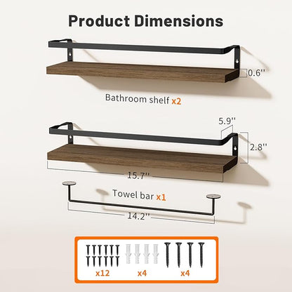 Bathroom Shelves with Towel Bar,Floating Shelves for Bathroom, Kitchen, Bedroom, Paulownia Wood, Matte Black Metal Frame - Set of 2 (Light Brown)