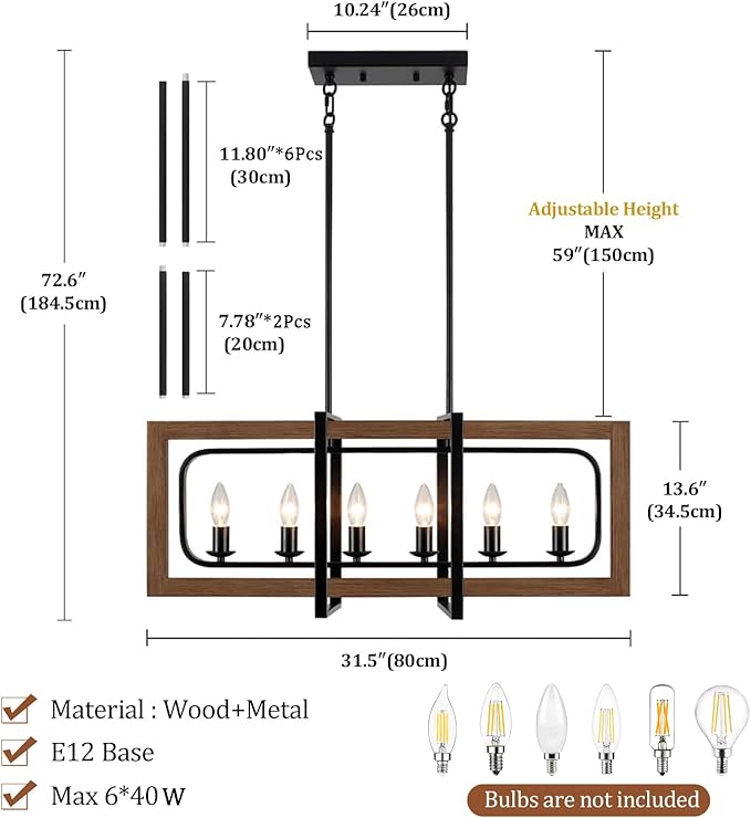 Farmhouse Kitchen Island Lighting, 6-Light Dining Room Light Fixtures Over Table Rustic Wood Pendant Lights Adjustable Chandelier for Kitchen Dining Room