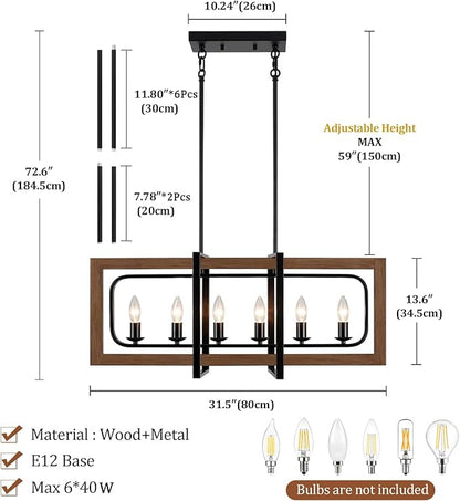 Farmhouse Kitchen Island Lighting, 6-Light Dining Room Light Fixtures Over Table Rustic Wood Pendant Lights Adjustable Chandelier for Kitchen Dining Room