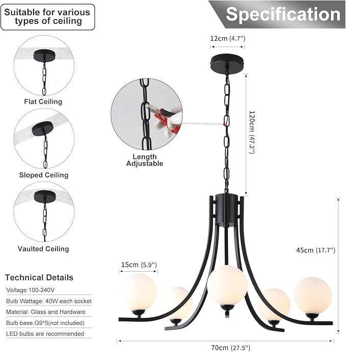 Modern Sputnik Chandelier for Dining Room Black Farmhouse Chandelier Glass Globe Dining Room Light Fixtures Mid Century White Glass Chandelier for Living Room Bedroom Kitchen Island Foyer