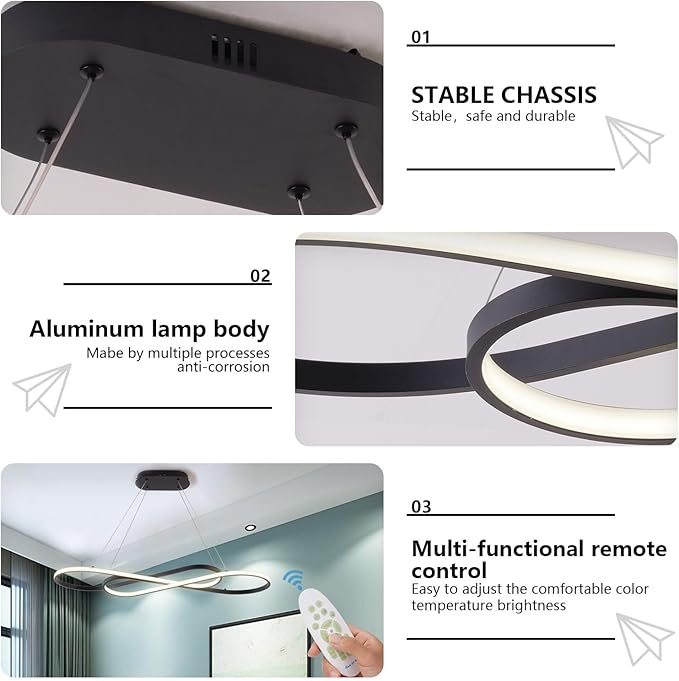 Led Pendant Light, Modern Chandelier,Dimmable Black Led Chandelier for Dining Room Light Fixture Over Table Modern Kitchen Island Lighting with Remote,Height Adjustable Ceiling Lamps