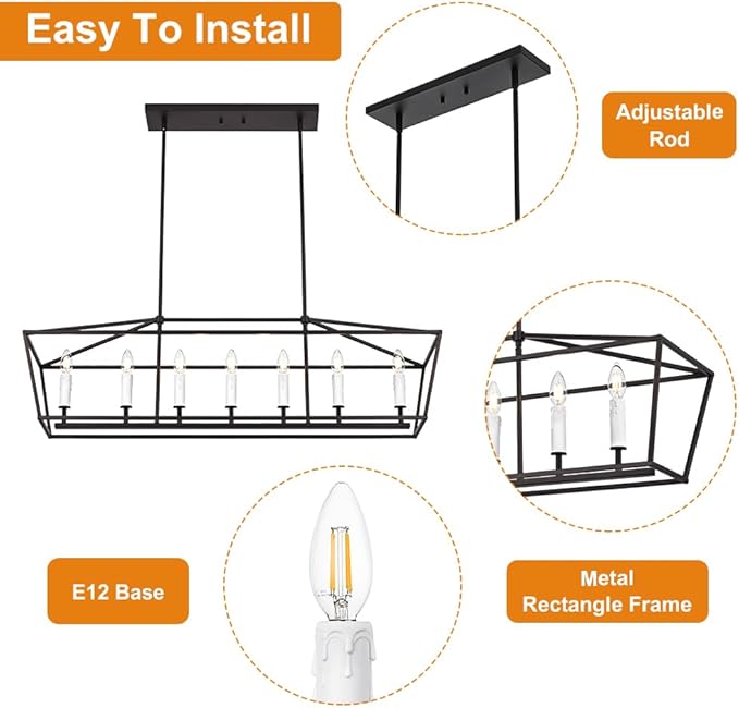 VINLUZ 7 Light Dining Room Chandelier in Black and White Finish,E12 Classic Kitchen Island Pendant Lighting Fixture Adjustable Height for Living Room Bedroom