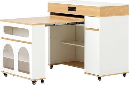 Extendable Dining Table with Extra-Long Folding Top, Rolling Kitchen Island with Drawers, Power Outlet and Locking Wheels for Kitchen, Dining Room, Natural + Creamy White