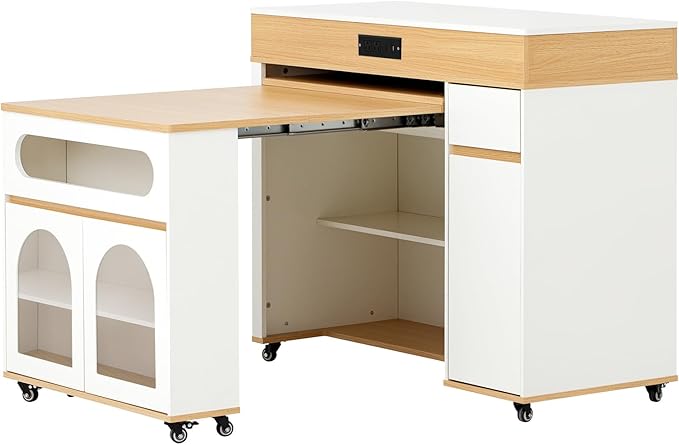 73.8"L Rolling Kitchen Island with Storage and Powe Outlet, Extendable Dining Table with Extra-Long Folding Top and Brake Lock, Kitchen Cart with Cabinet for Kitchen and Dining Room (Natural)