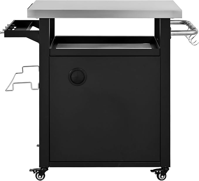 39.5" Outdoor Kitchen Island with Stainless Steel Top and Storage Cabinet, Metal Kitchen Island with Hooks and Spice Rack, Rolling Grill Cart with Wheels for BBQ Waterproof Cover Included Black