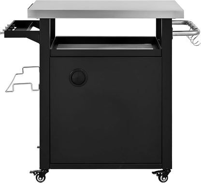 39.5" Outdoor Kitchen Island with Stainless Steel Top and Storage Cabinet, Metal Kitchen Island with Hooks and Spice Rack, Rolling Grill Cart with Wheels for BBQ Waterproof Cover Included Black