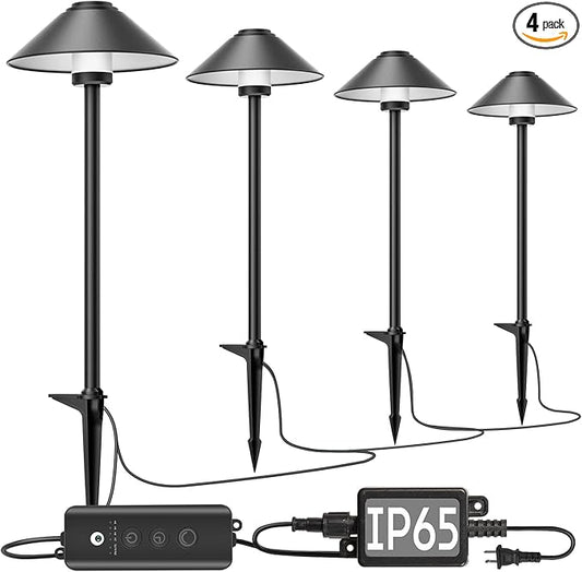 Banord 4 Pack Dusk to Dawn Outdoor Pathway Lights，Dimmable LED Landscape Path Lights, Timer & Memory Function, IP65 Waterproof Wired Low Voltage Landscape Lighting with Transformer