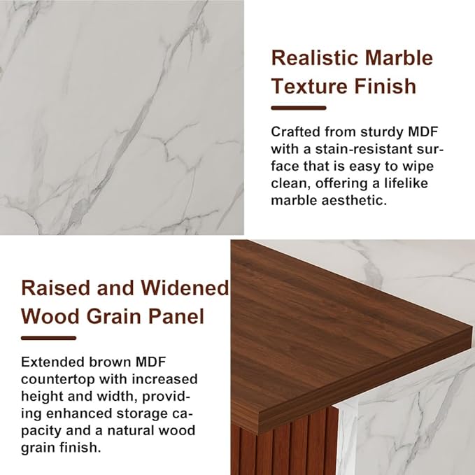 63 Inch Kitchen Island with 4 Deep Brown Bar Stools – White Marble Countertop, Integrated LED Lighting & Grille Design, Multi-Functional Breakfast Bar for Dining Rooms, (White+4dark Brown)