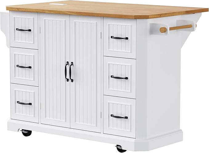Ball & Cast 56" Large Modern Kitchen Island with Rubber Wood Veneer Drop Leaf, Power Outlet, 6 Drawers, 4 Door Shelves, White