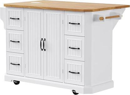 Ball & Cast 56" Large Modern Kitchen Island with Rubber Wood Veneer Drop Leaf, Power Outlet, 6 Drawers, 4 Door Shelves, White