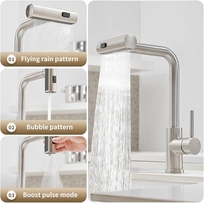 OWOFAN Kitchen Faucet with Pull Down Sprayer Waterfall Single Hole Single Handle Stainless Steel Kitchen Sink Faucets Brushed Nickel