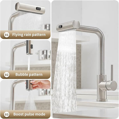 OWOFAN Kitchen Faucet with Pull Down Sprayer Waterfall Single Hole Single Handle Stainless Steel Kitchen Sink Faucets Brushed Nickel