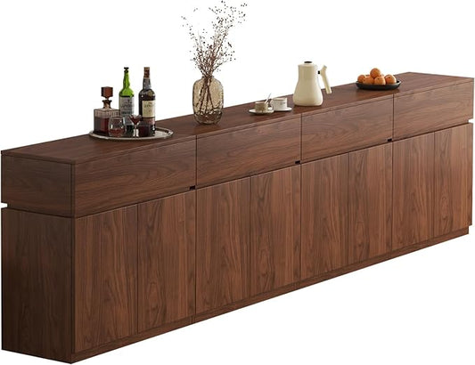 126" Buffet Cabinet with Drawers & Door, Console Table, Set of 4 Modular Stackable Sideboard Coffee Bar Cabinet with Adjustable Shelves, Matte Walnut Storage Accent Credenza for Living Room