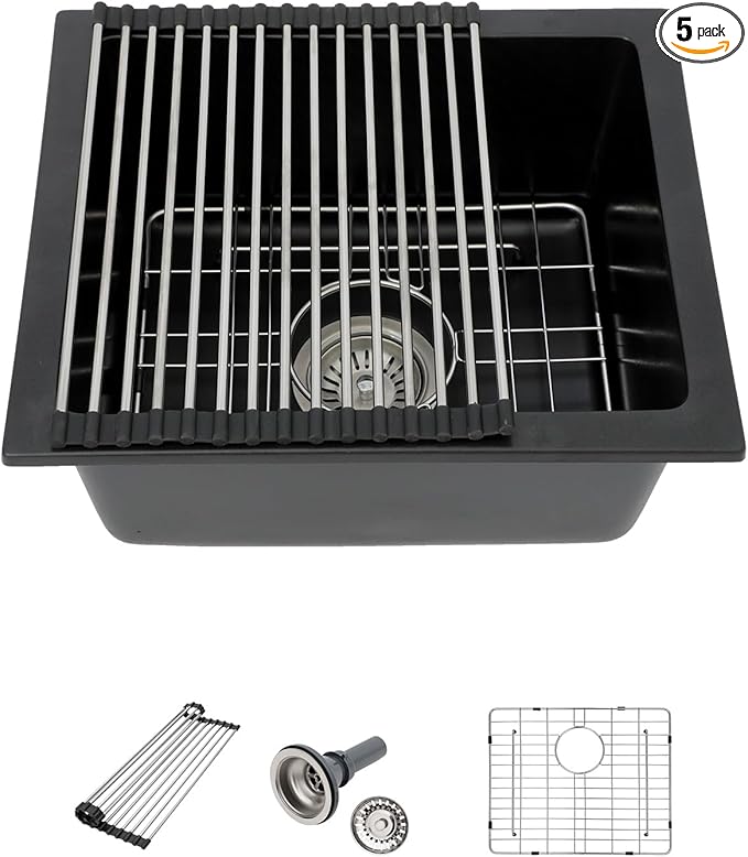 18 Black Granite Composite Bar Sink - 18x16 Undermount Granite Quartz Kitchen Sink Matte Black 9 Inch Depth Small Signle Bowl RV Sinks Under Counter