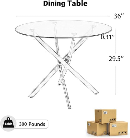 36-Inch Round Tempered Glass Dining Table for 2-4 Person Space-Saving Small Kitchen Table with Heavy-Duty Metal Legs Perfect for Dining Room, Apartment, Condo (Silver)