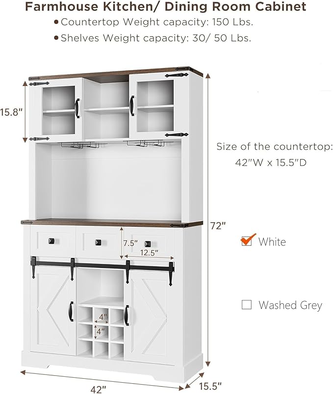 IDEALHOUSE 72" Coffee Bar Cabinet with Storage, Farmhouse Large Kitchen Pantry Hutch with Sliding Barn Door, Tall White Buffet Cabinet with 3 Drawer and Wine & Glasses Rack, for Living Dining Room