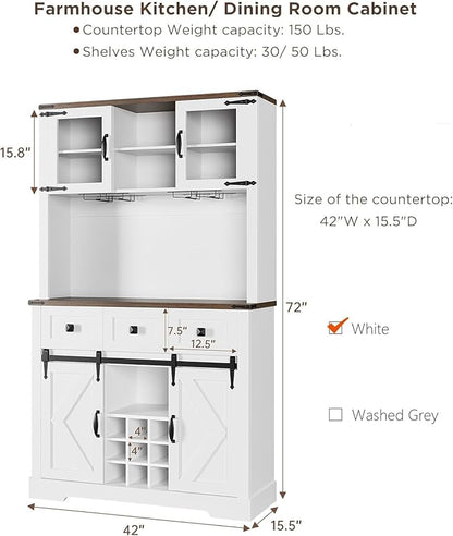 IDEALHOUSE 72" Coffee Bar Cabinet with Storage, Farmhouse Large Kitchen Pantry Hutch with Sliding Barn Door, Tall White Buffet Cabinet with 3 Drawer and Wine & Glasses Rack, for Living Dining Room