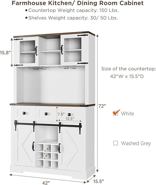 IDEALHOUSE 72" Coffee Bar Cabinet with Storage, Farmhouse Large Kitchen Pantry Hutch with Sliding Barn Door, Tall White Buffet Cabinet with 3 Drawer and Wine & Glasses Rack, for Living Dining Room