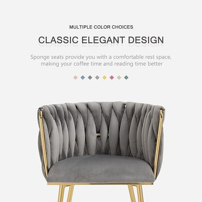 Nrizc Velvet Dining Chairs Set of 4, Woven Upholstered Dining Chairs with Gold Metal Legs, Modern Accent Chairs for Living Room, Dining Room, Kitchen (Grey)